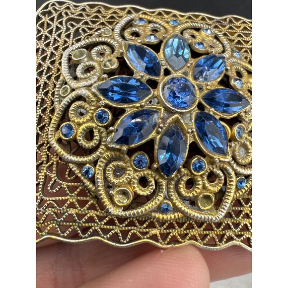 Vintage Filigree Brooch Blue Rhinestones Square Gold Tone - Picture 3 of 8